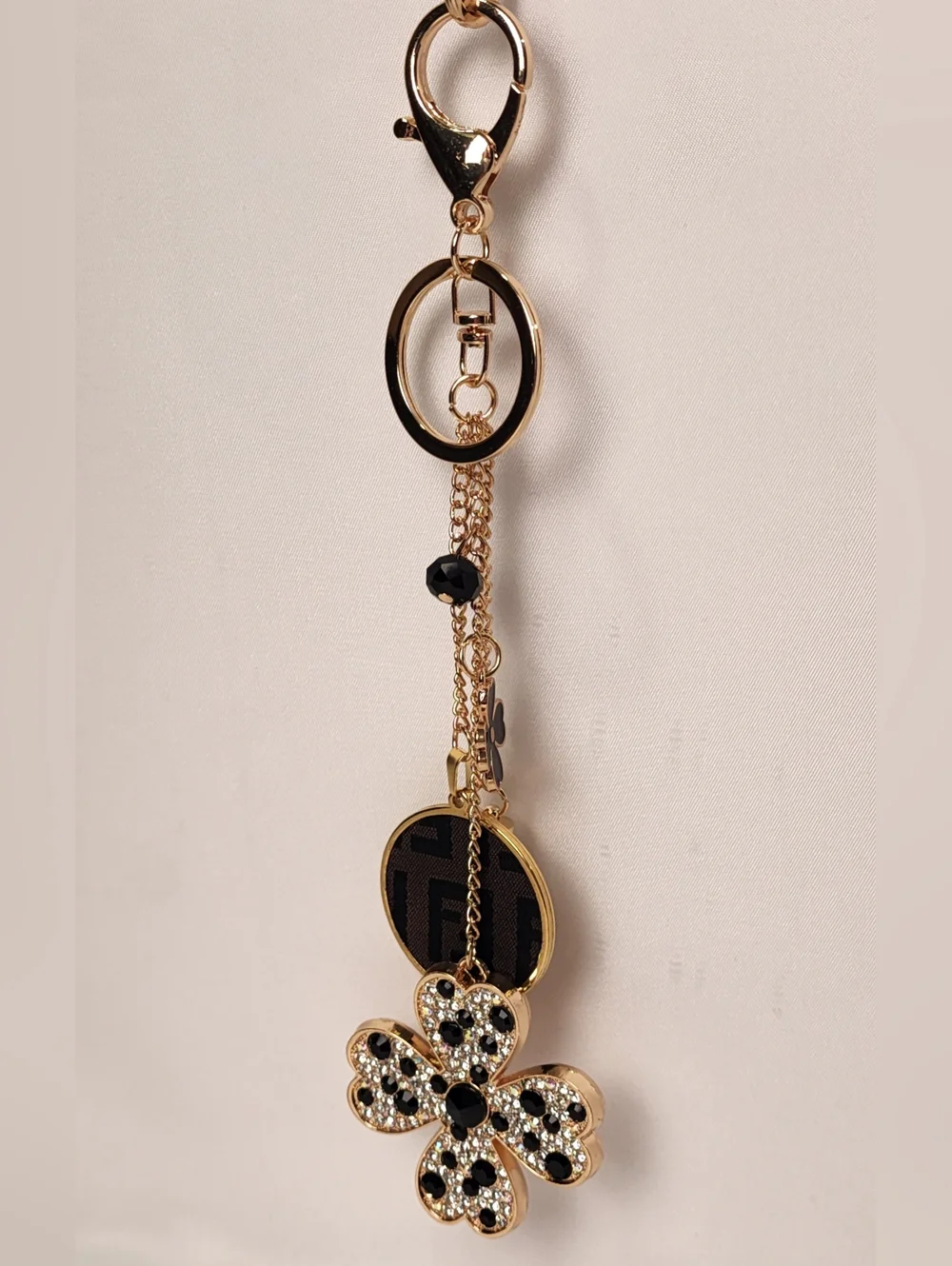 Fendi Brown Monogram Cloth Canvas Gold- Black Flower Crystal Bag Charm Keychain